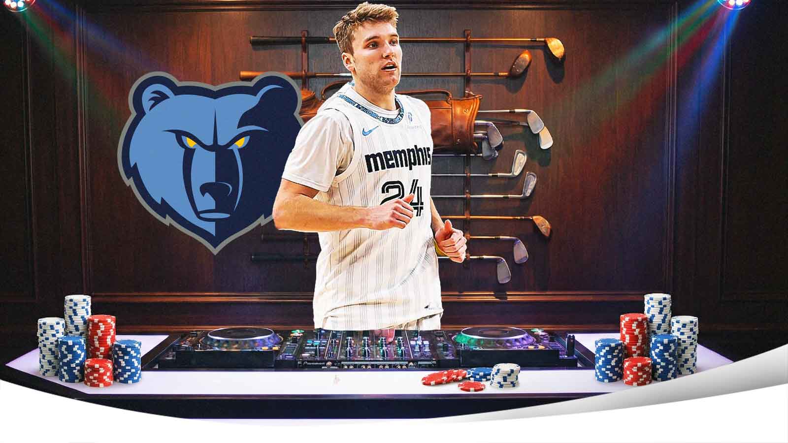 Cam Spencer behind a DJ booth, Grizzlies logo, Poker chips, and golf clubs in the background