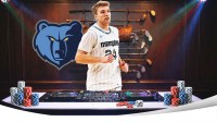Cam Spencer behind a DJ booth, Grizzlies logo, Poker chips, and golf clubs in the background