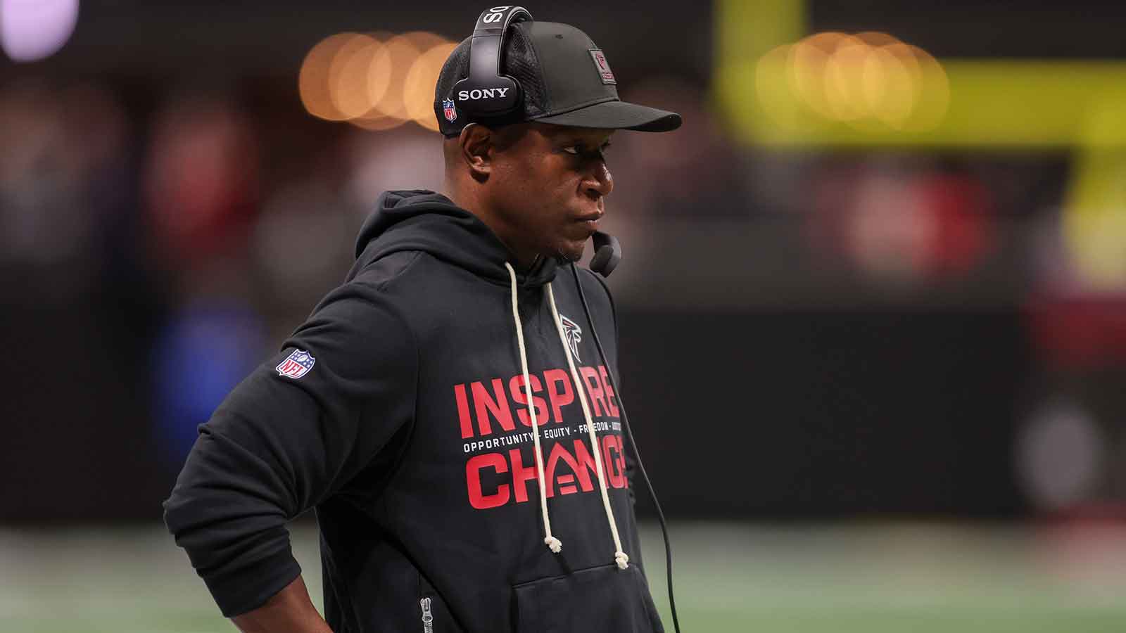 Atlanta Falcons head coach Raheem Morris on the sideline against the New Orleans Saints in the second quarter at Mercedes-Benz Stadium.