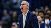 UConn Huskies head coach Dan Hurley watches from the sideline as they take on the Georgetown Hoyas at Harry A. Gampel Pavilion.