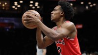 Feb 9, 2026; Brooklyn, New York, USA; Chicago Bulls guard Collin Sexton (2) shoots the ball against the Brooklyn Nets during the first half at Barclays Center. Mandatory Credit: Vincent Carchietta-Imagn Images