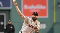 Boston Red Sox starting pitcher Lucas Giolito (54) pitches against the Athletics during the first inning at Fenway Park.