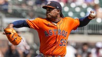 Houston Astros starting pitcher Framber Valdez (59) pitches against the Atlanta Braves during the second inning at Truist Park.