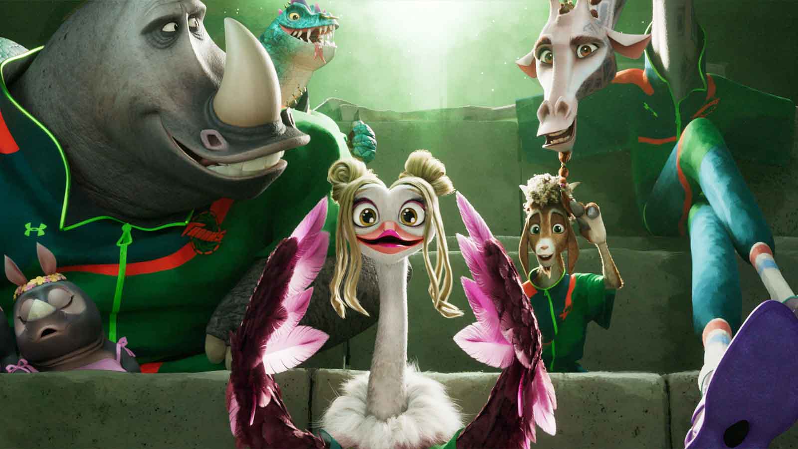 L-R: Archie Everhardt (David Harbour), Modo Olachenko (Nick Kroll), Olivia Burke (Nicola Coughlan), Will Harris (Caleb McLaughlin), and Lenny Williamson (Stephen Curry) in GOAT.