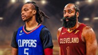 Darius Garland in a Clippers jersey, James Harden in a Cavs jersey