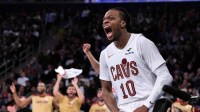 Cleveland Cavaliers guard Darius Garland (10) reacts during the second half against the New York Knicks at Madison Square Garden.