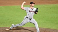 Cleveland Guardians starting pitcher Gavin Williams (32) throws a pitch in the second inning against the Tampa Bay Rays at George M. Steinbrenner Field.