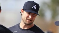 New York Yankees pitcher Gerrit Cole (45) works out during spring training workouts at George M. Steinbrenner Field.