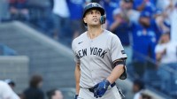 New York Yankees designated hitter Giancarlo Stanton (27) reacts after striking out in the sixth inning against the Toronto Blue Jays during game one of the ALDS round for the 2025 MLB playoffs at Rogers Centre.