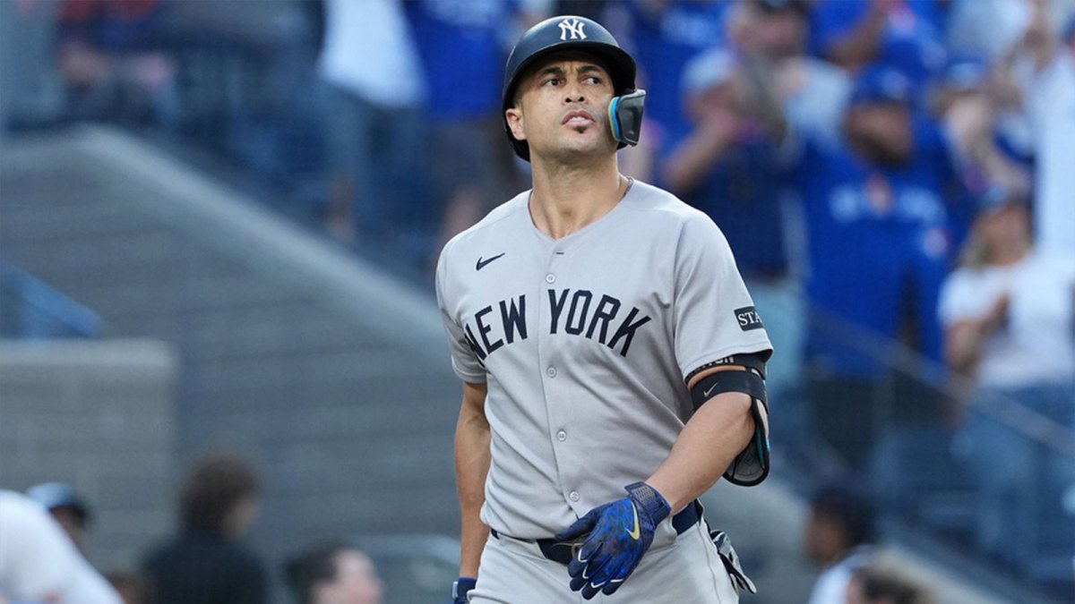 New York Yankees designated hitter Giancarlo Stanton (27) reacts after striking out in the sixth inning against the Toronto Blue Jays during game one of the ALDS round for the 2025 MLB playoffs at Rogers Centre.