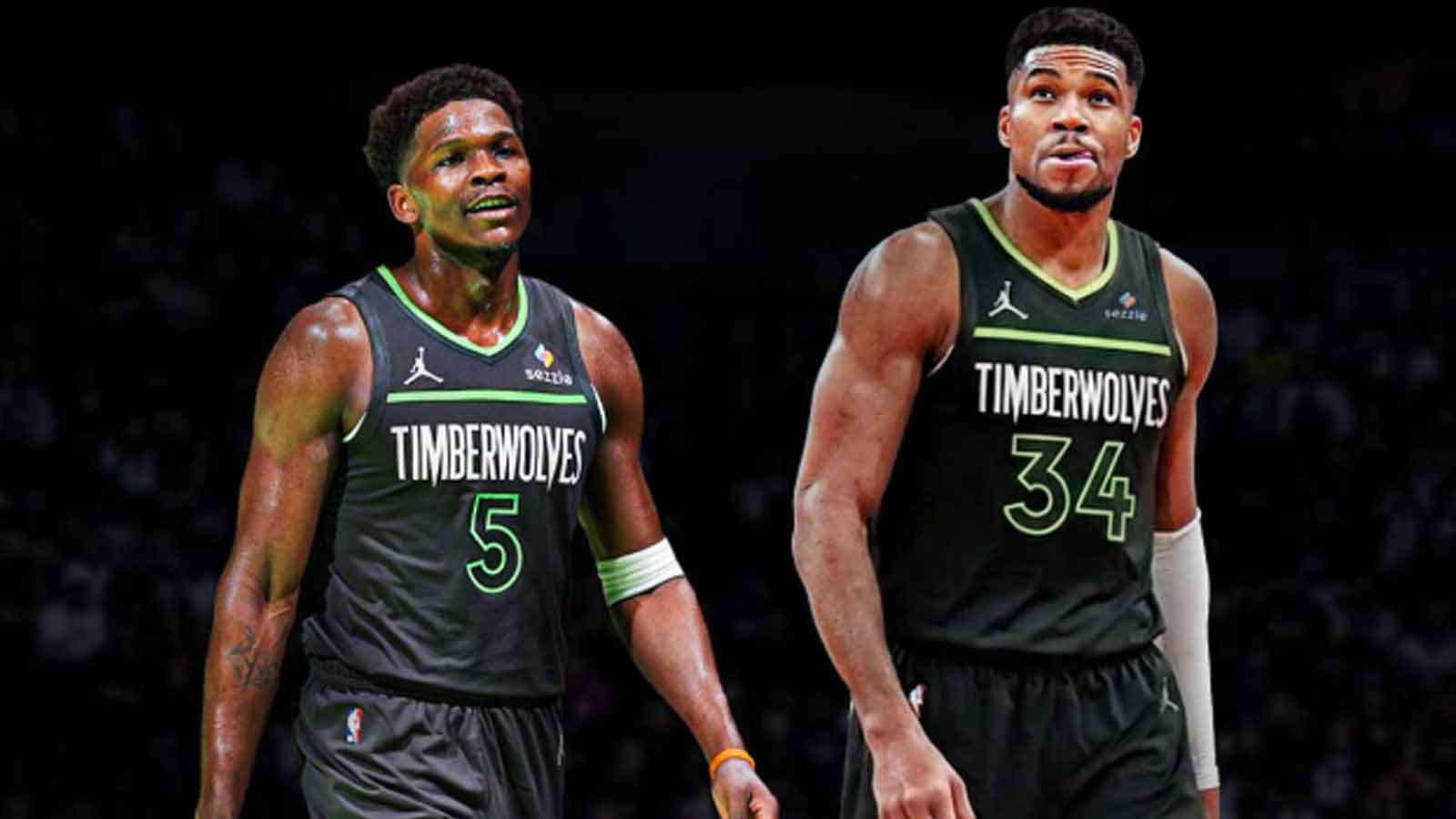 Giannis Antetokounmpo and Anthony Edwards in Timberwolves uniforms