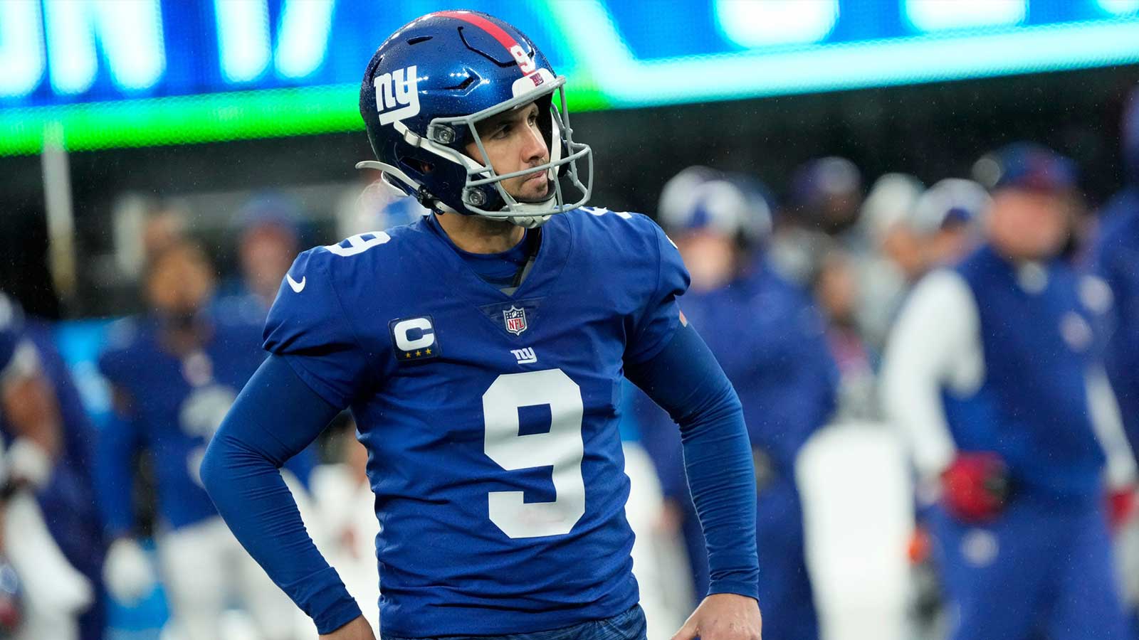 October 29, 2023; East Rutherford, NJ, USA; New York Giants place kicker Graham Gano (9) watches as a late fourth quarter field goal attempt is no good.