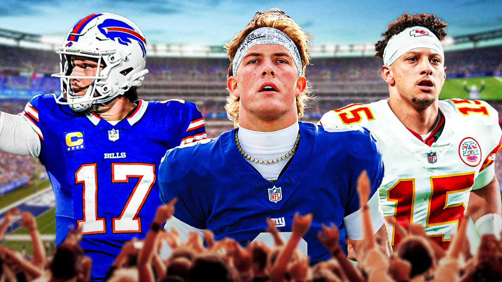 Buffalo Bills quarterback Josh Allen, New York Giants quarterback Jaxson Dart, and Kansas City Chiefs quarterback Patrick Mahomes with MetLife Stadium background.