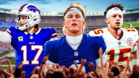 Buffalo Bills quarterback Josh Allen, New York Giants quarterback Jaxson Dart, and Kansas City Chiefs quarterback Patrick Mahomes with MetLife Stadium background.