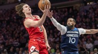 Chicago Bulls guard Josh Giddey (3) drives to the basket past Minnesota Timberwolves guard Mike Conley (10) in the second half at Target Center.