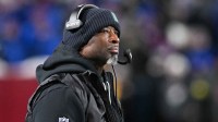 New York Jets head coach Aaron Glenn looks on during the second half against the Buffalo Bills at Highmark Stadium.