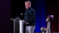 NFL commissioner Roger Goodell speaks flanked by the Vince Lombardi trophy during the Super Bowl LX winning head coach and most valuable player press conference at Moscone Center.