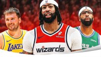 Anthony Davis in a Washington Wizards jersey in the middle. On left, Luka Doncic in a Lakers jersey. On right, Anthony Davis in a Mavericks jersey.