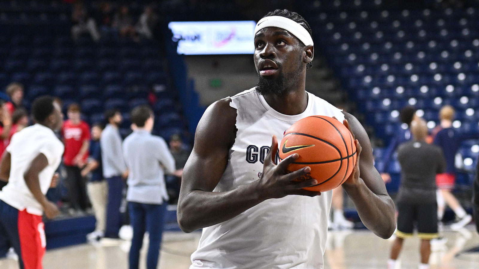 Gonzaga Bulldogs forward Graham Ike (15) warms up before a game against the Saint Mary's Gaels at McCarthey Athletic Center.