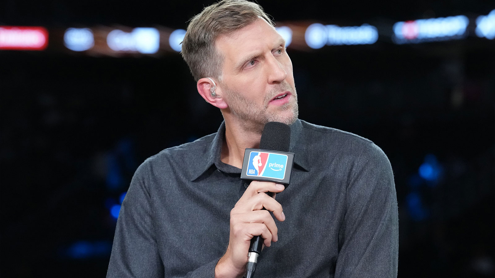 NBA on Amazon studio analyst Dirk Nowitzki during the NBA Cup semifinals at T-Mobile Arena