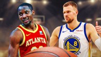 Jonathan Kuminga in a Hawks jersey and Kristaps Porzingis in a Warriors jersey.