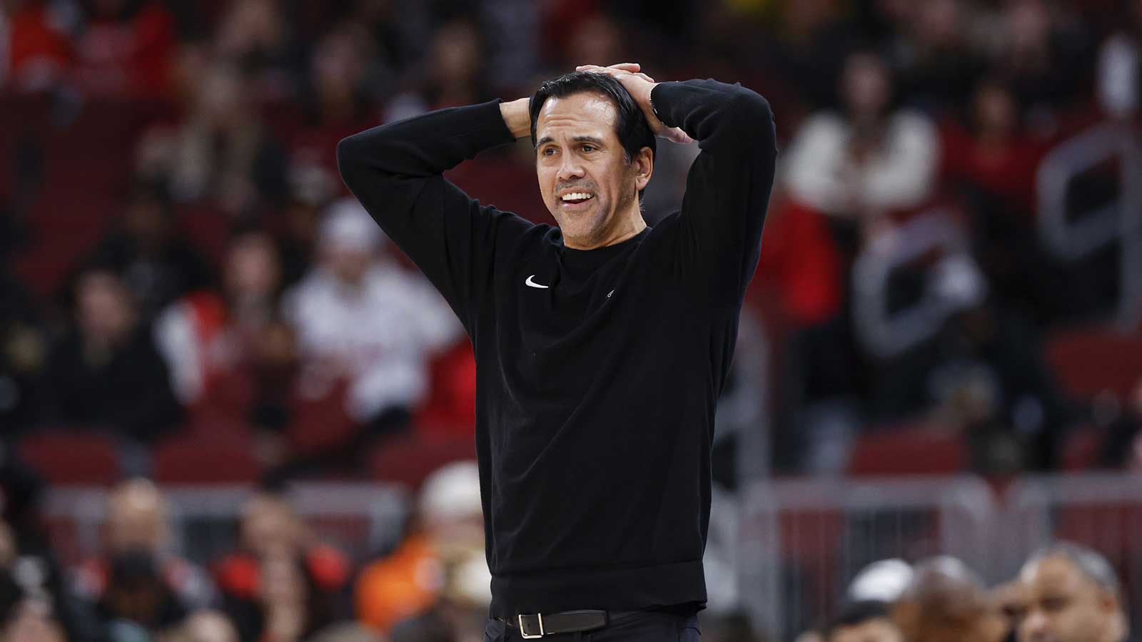 Miami Heat coach Erik Spoelstra reacts during the first half at the United Center.