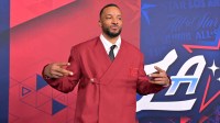 Team World guard Norman Powell (24) of the Miami Heat on the red carpet before the 75th NBA All Star Game at Intuit Dome.