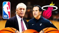 Heat president Pat Riley and Heat HC Erik Spoelstra. Miami Heat and NBA logo in background