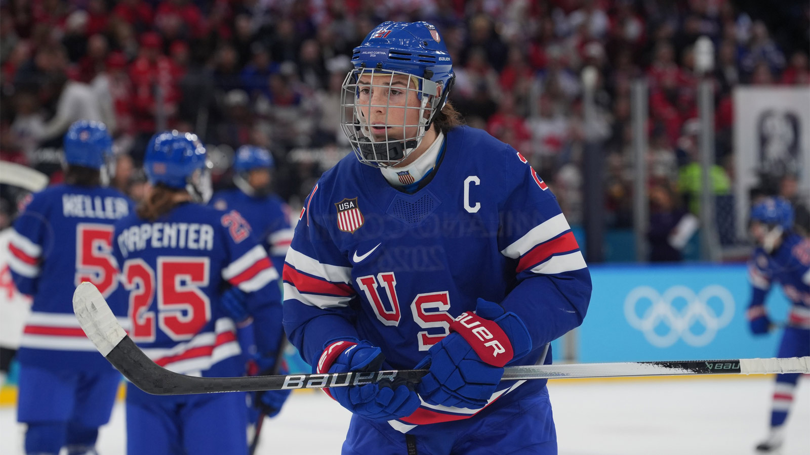 Hilary Knight (21) of the United States on the ice in the women's ice hockey gold medal game against Canada during the Milano Cortina 2026 Olympic Winter Games at Milano Santagiulia Ice Hockey Arena.