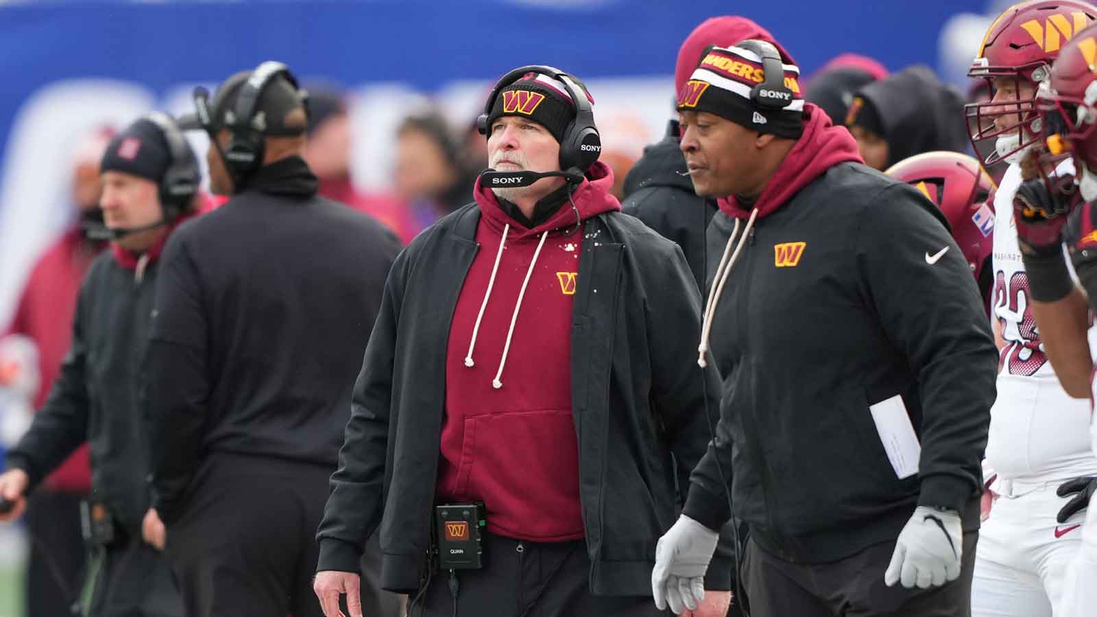 Washington Commanders head coach Dan Quinn looks on during the first quarter against the New York Giants at MetLife Stadium.