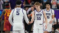 TCU Horned Frogs guard Tanner Toolson (55) and forward Micah Robinson (5) react after the game against the Iowa State Cyclones at Ed and Rae Schollmaier Arena.