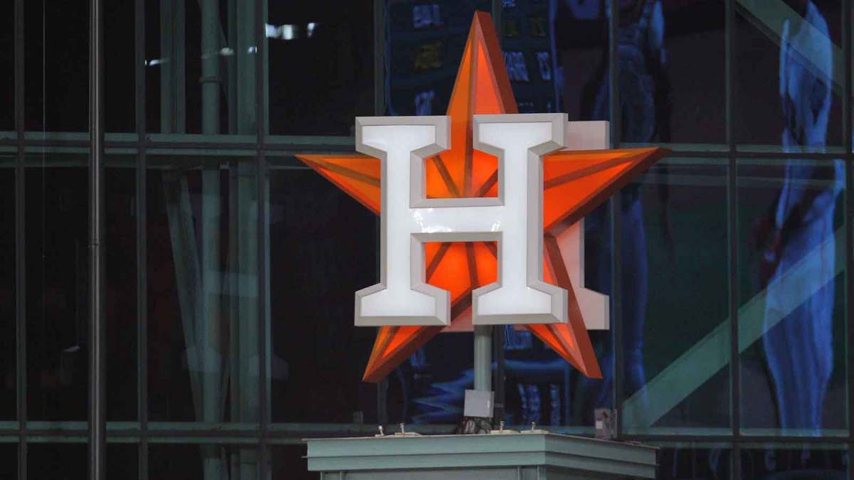 The Houston Astros logo is seen during the third inning of game one of the 2019 World Series against the Washington Nationals at Minute Maid Park.