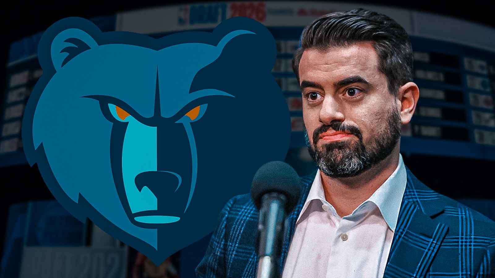 EVP/GM Zach Kleiman, NBA Draft Rankings Big Board, Grizzlies logo (background)