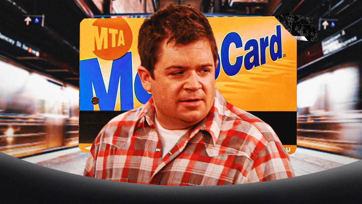 Patton Oswalt as Spence in The King of Queens with MetroCard, which has been retired, and New York City subway background.