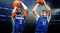 Mavericks Kyrie Irving and Mavericks Cooper Flagg both shooting basketballs.