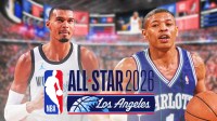 Victor Wembanyama, NBA All-Star 2026 logo, Muggsy Bogues Hornets with Intuit Dome behind them