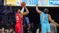 Chuck’s Global Stars guard Donovan Mitchell (45) of the Cleveland Cavaliers shoots against Shaq’s OGs guard James Harden (1) of the LA Clippers during the 2025 NBA All Star Game at Chase Center.