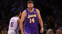 Los Angeles Lakers forward Maxi Kleber (14) reacts after a dunk in the first half against the Philadelphia 76ers at Crypto.com Arena.