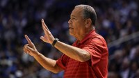 Houston Cougars Head Coach Kelvin Sampson gives instruction during the first half against the BYU Cougars at Marriott Center.
