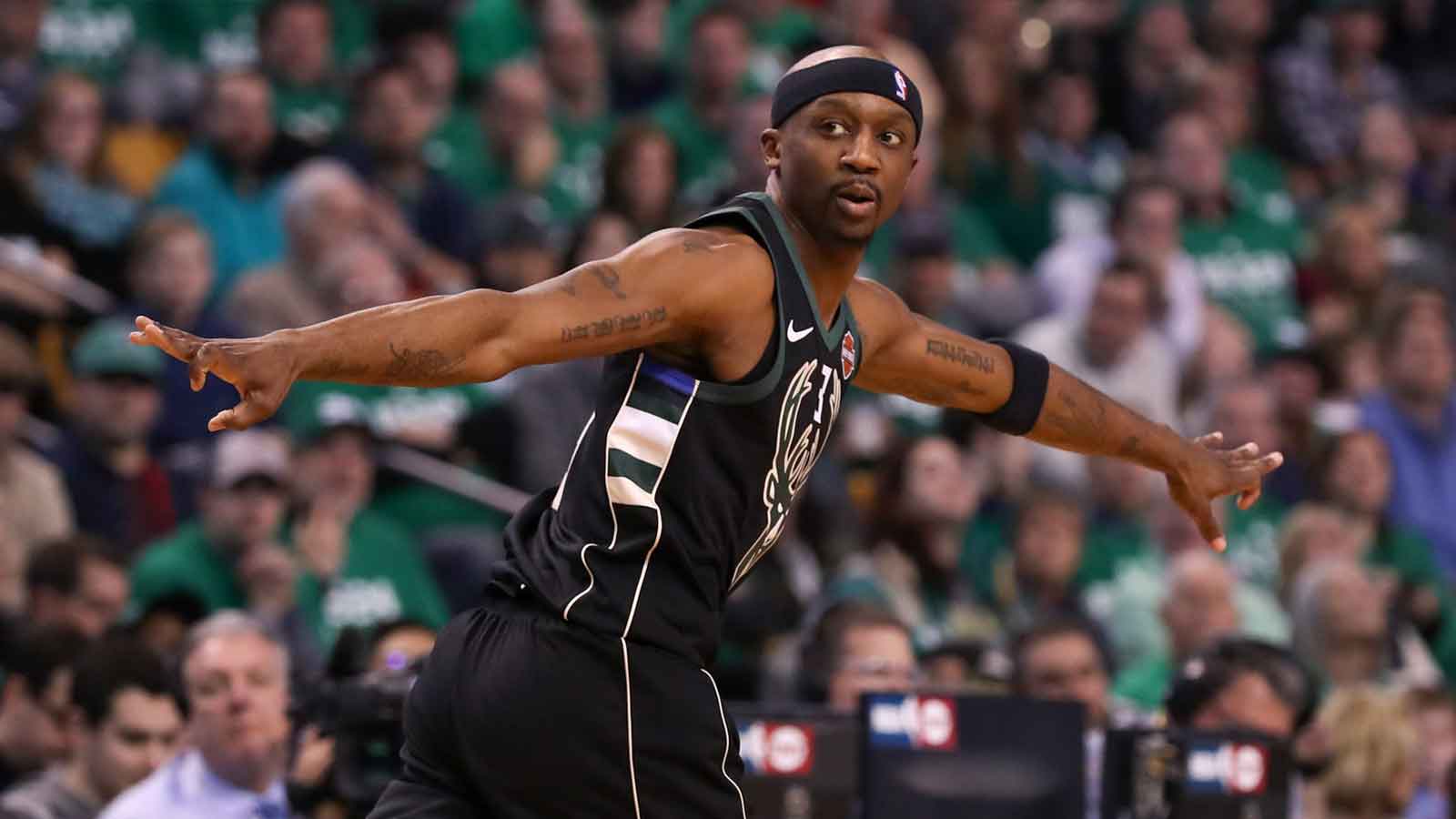 Milwaukee Bucks guard Jason Terry (3) reacts after making a three pointer in the second quarter game one of the first round of the 2018 NBA Playoffs between the Boston Celtics and Milwaukee Bucks at TD Garden.