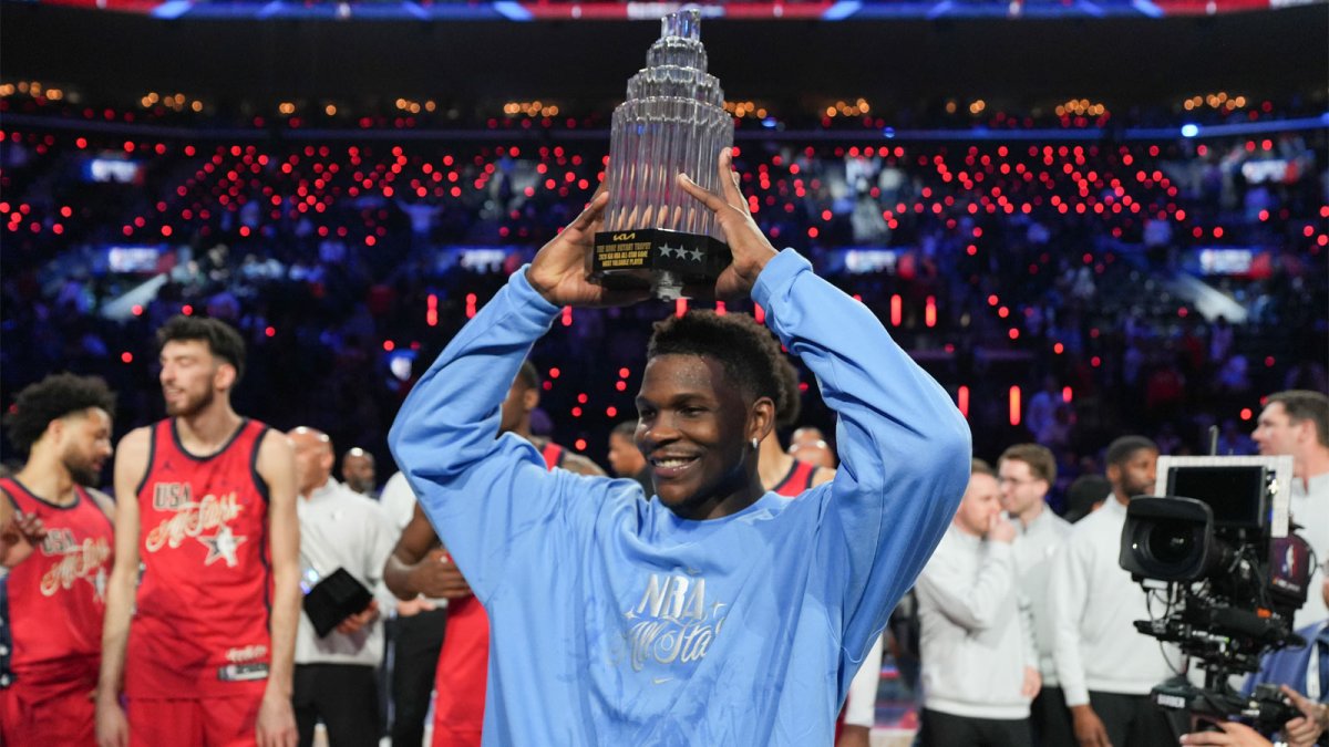 Team USA Stars guard Anthony Edwards (5) of the Minnesota Timberwolves poses with the MVP trophy after the 75th NBA All Star Game at Intuit Dome.