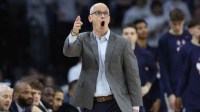 UConn Huskies head coach Dan Hurley reacts during the first half against the Villanova Wildcats at Xfinity Mobile Arena.