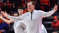 Illinois Fighting Illini head coach Brad Underwood reacts during the second half against the Indiana Hoosiers at State Farm Center.