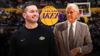 Lakers coach JJ Redick alongside former Lakers coach Pat Riley. Have the Lakers logo in the background