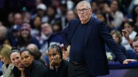 UConn Huskies head coach Geno Auriemma watches from the sideline as the take on the Providence Friars at Harry A. Gampel Pavilion.