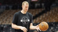 San Antonio Spurs center Mason Plumlee (45) during warm up before a game against the Toronto Raptors at Scotiabank Arena.