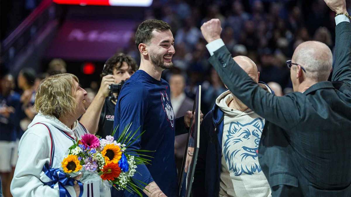 UConn Huskies forward Alex Karaban (11) is recognized during senior night before the start of the game against the Seton Hall Pirates at Harry A. Gampel Pavilion.