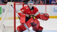 Florida Panthers goaltender Sergei Bobrovsky (72) defends his net against the Toronto Maple Leafs during the second period at Amerant Bank Arena.