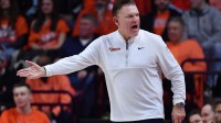 Illinois Fighting Illini head coach Brad Underwood reacts during the second half against the Northwestern Wildcats at State Farm Center.
