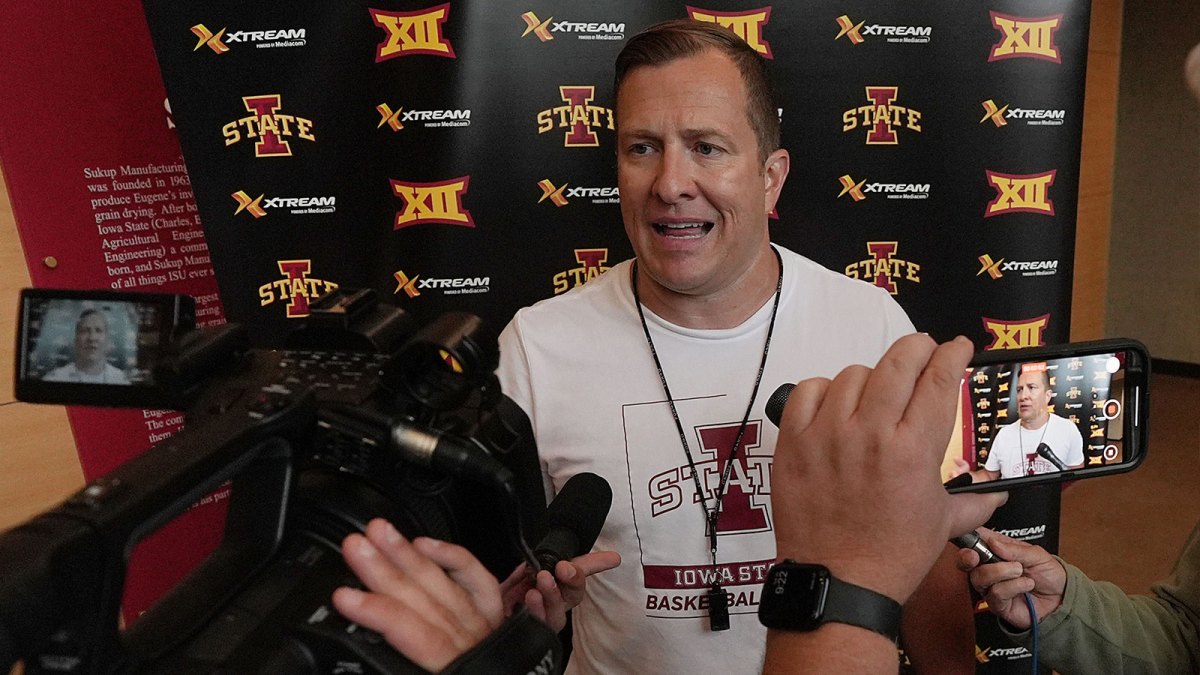 Iowa State men’s basketball head coach T.J. Otzelberger talks to media.